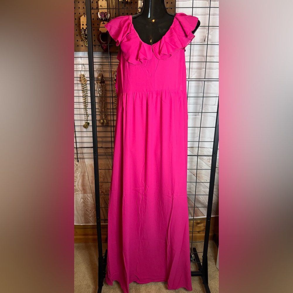 Pink ruffle collar maxi dress